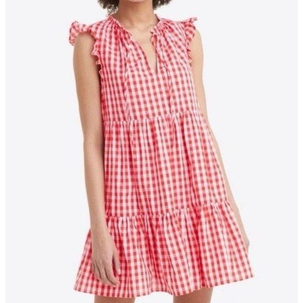 Draper James Connie Flutter Sleeve Swing Dress M Red White Gingham Plaid picnic